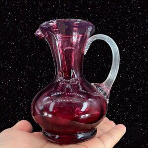 Vintage Cranberry Creamer Small Pitcher With Applied Clear Handle Hand Blown